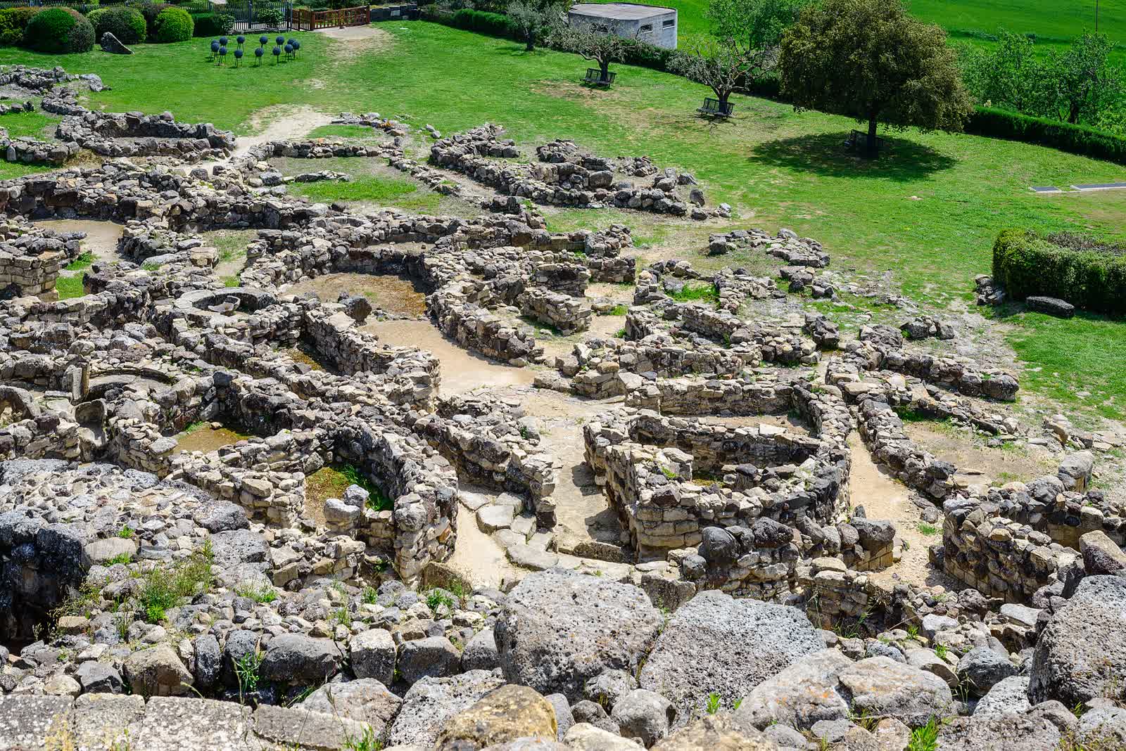 Su Nuraxi di Barumini, the UNESCO-listed Nuraghe in Sardinia, seen from the tower over the village ruins